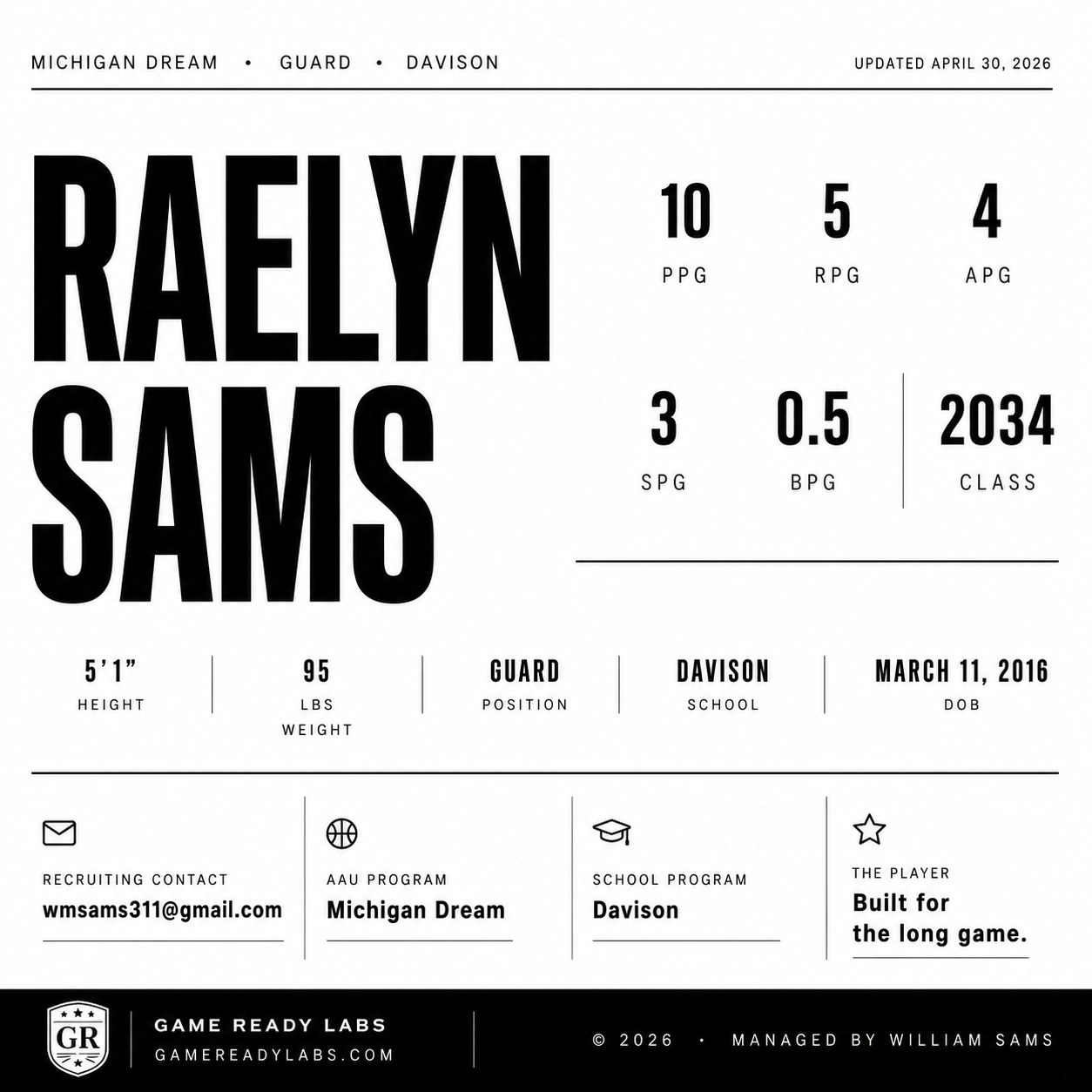 Game Ready Labs player card — Raelyn Sams